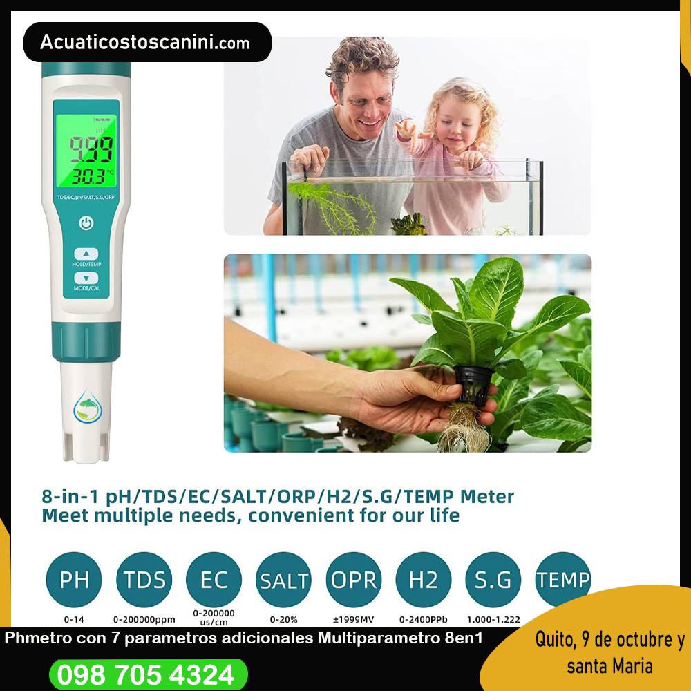 Multiparametro 8 en 1 pH, Solidos Disueltos Conductividad Electrica Hidrogeno libre ORP Salinidad