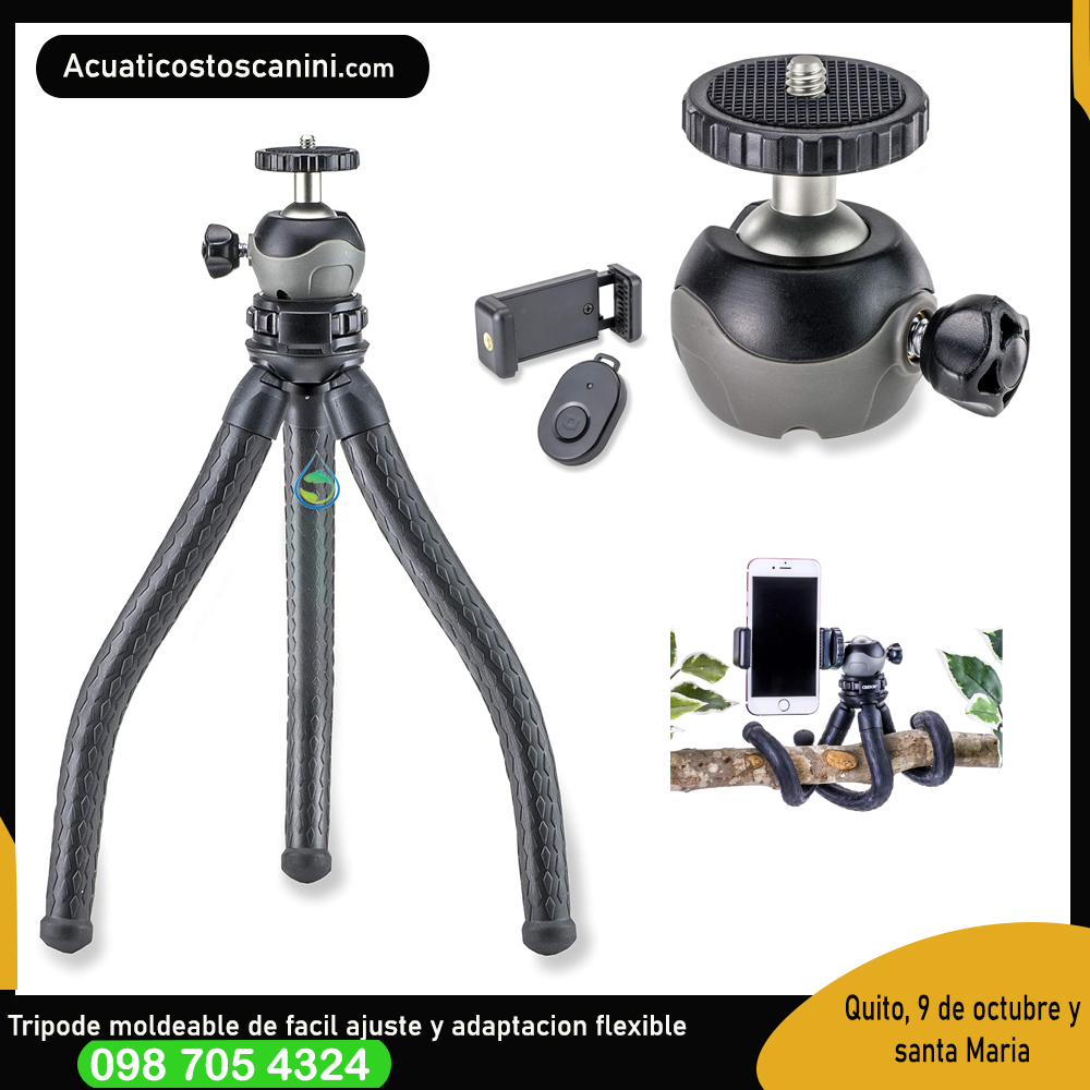 Trípode de viaje flexible con adaptador universal para teléfono inteligente y botón de obturador remoto inalámbrico (TR-050), negro, mediano