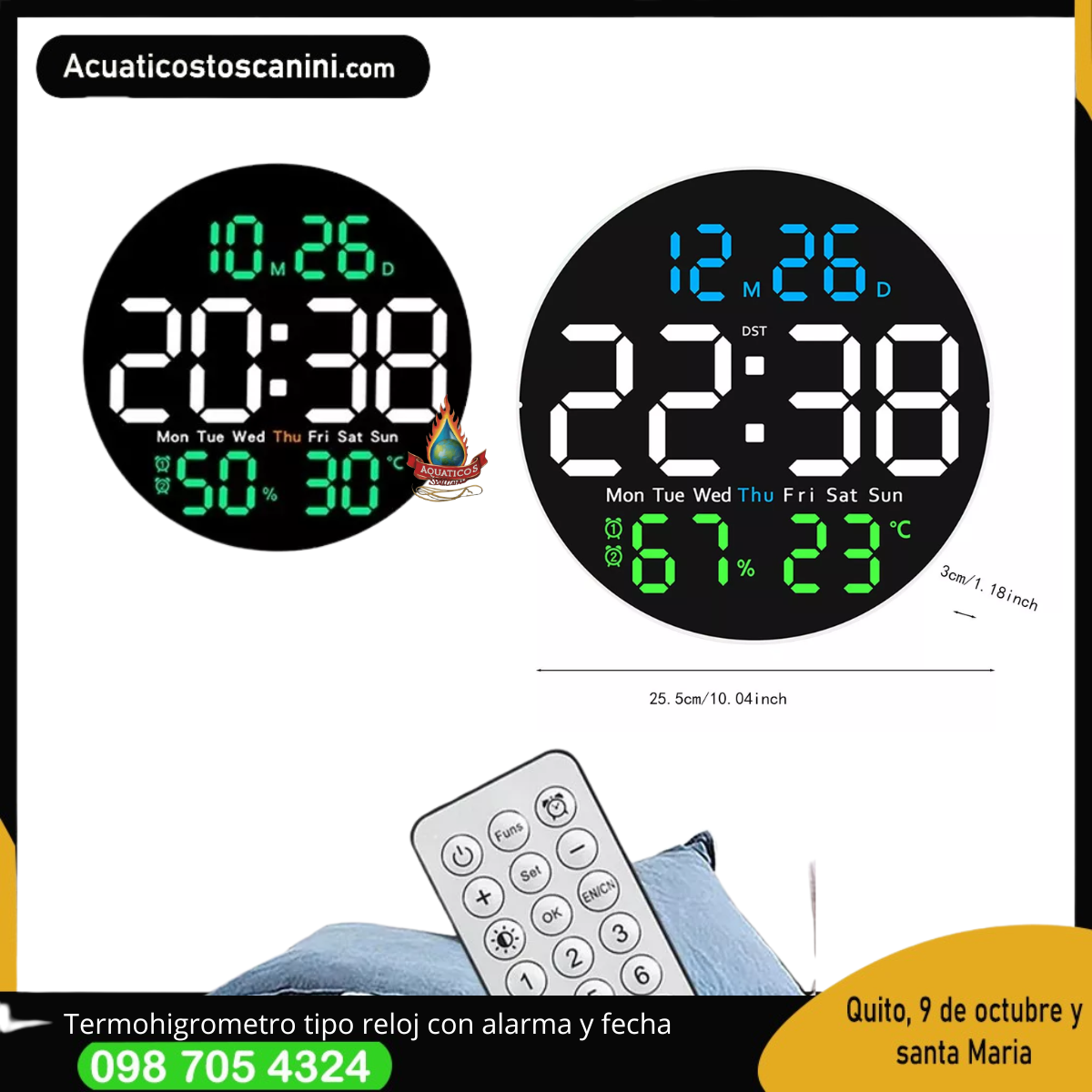 Termohigrometro tipo reloj con conexion de 110v alarmas reloj