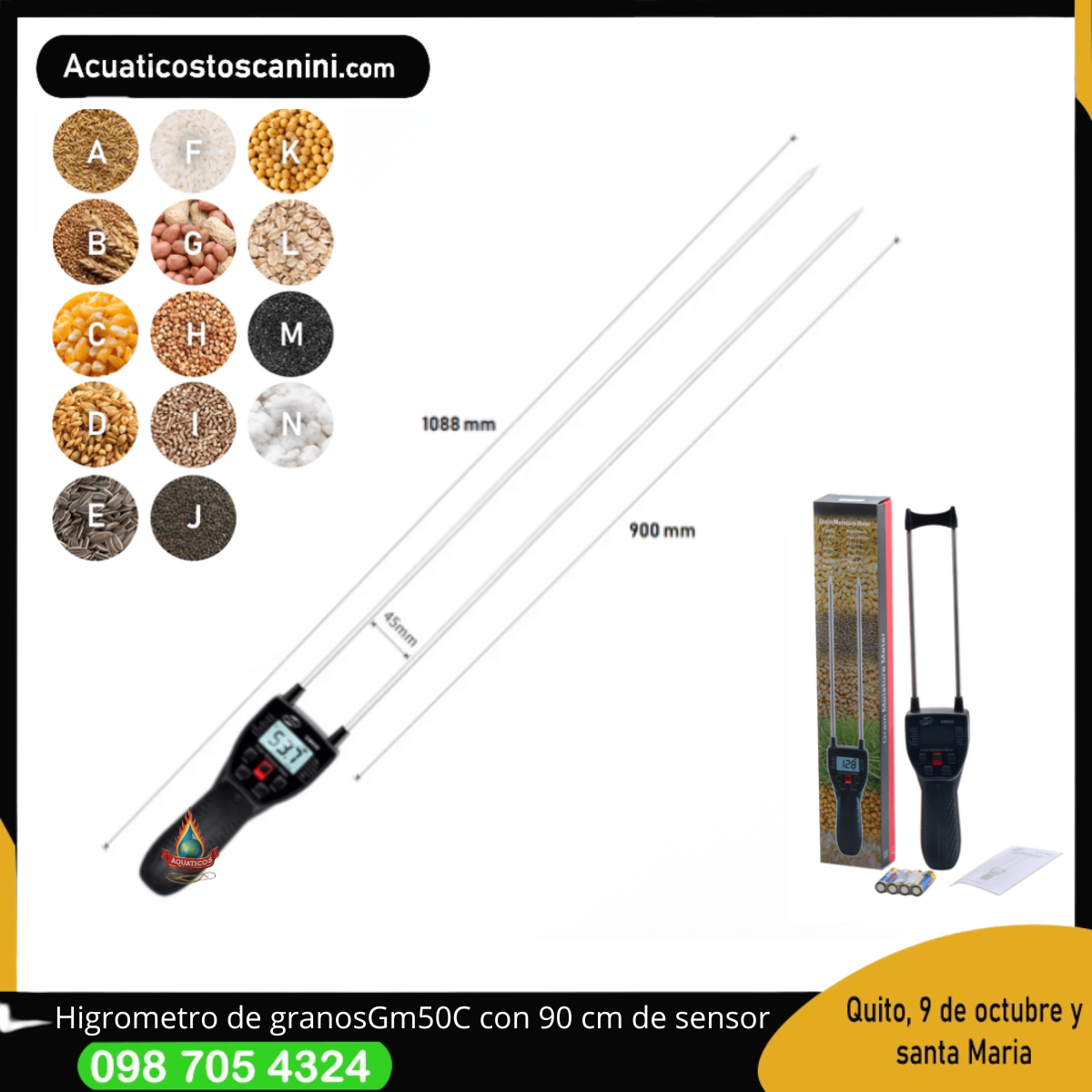 Higrometro de 13 tipos de granos harinas balanceados con sensor de 90 cm  de largo 