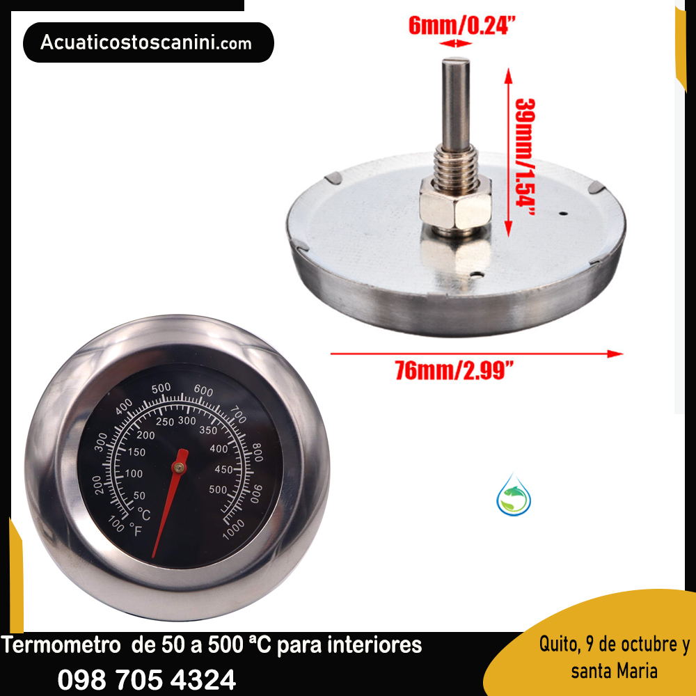 Termómetro acero black con rosca  para puertas de hornos, parrillas, barbacoas 0-550 grados Celsius Fharenheit
